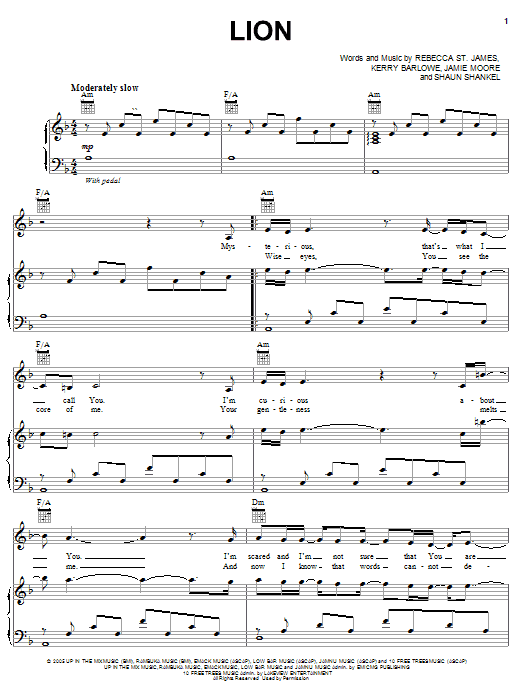 Rebecca St. James Lion sheet music notes and chords arranged for Piano, Vocal & Guitar Chords (Right-Hand Melody)