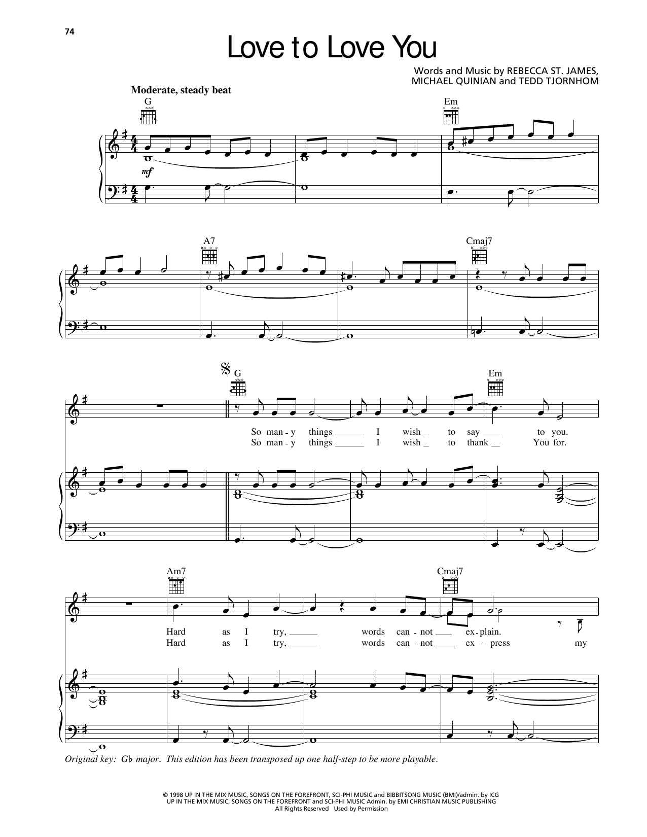 Rebecca St. James Love To Love You sheet music notes and chords arranged for Piano, Vocal & Guitar Chords (Right-Hand Melody)