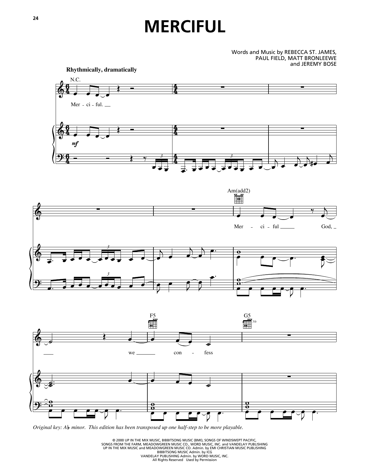 Rebecca St. James Merciful sheet music notes and chords arranged for Piano, Vocal & Guitar Chords (Right-Hand Melody)