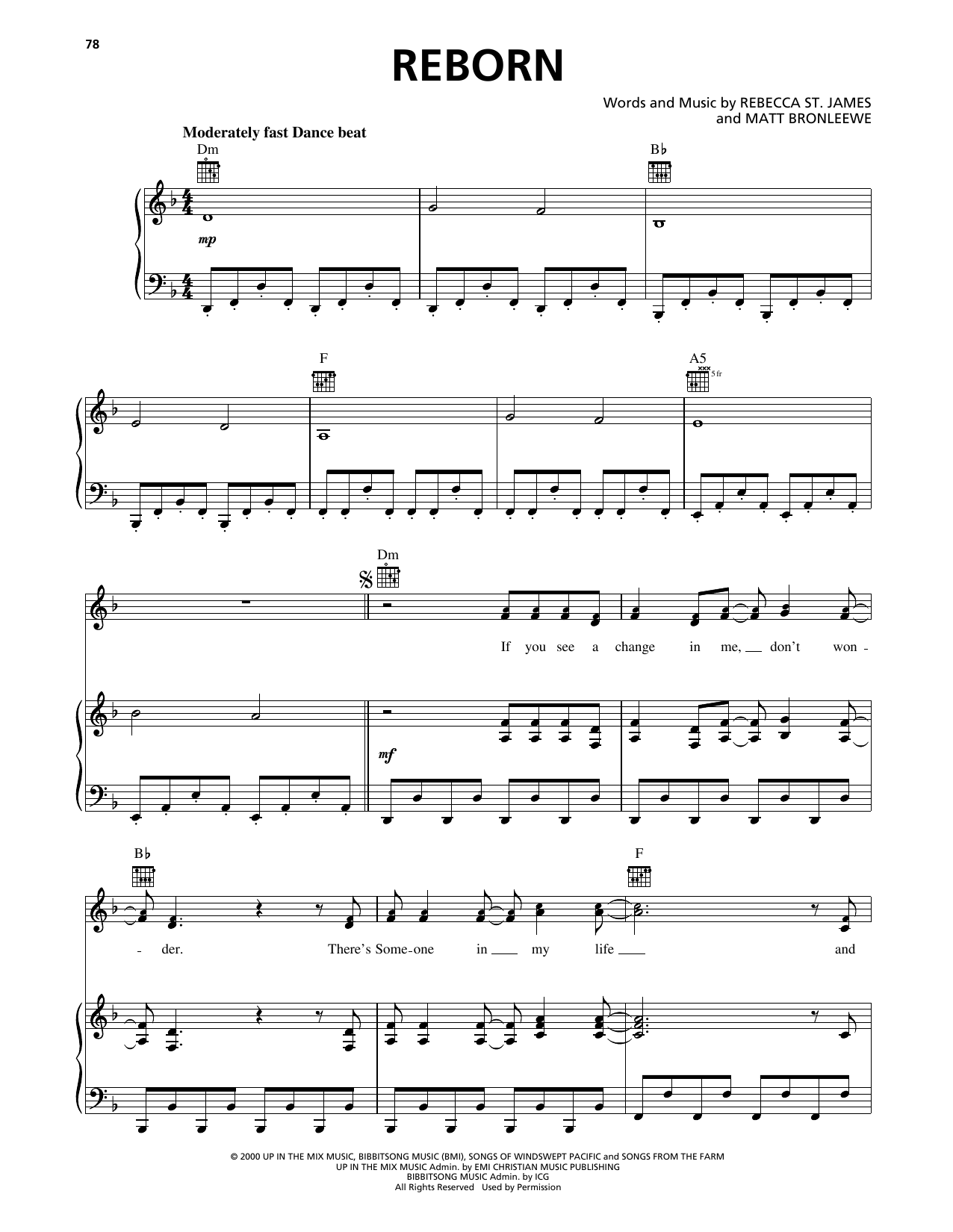 Rebecca St. James Reborn sheet music notes and chords arranged for Piano, Vocal & Guitar Chords (Right-Hand Melody)