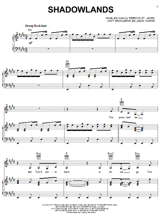 Rebecca St. James Shadowlands sheet music notes and chords arranged for Piano, Vocal & Guitar Chords (Right-Hand Melody)