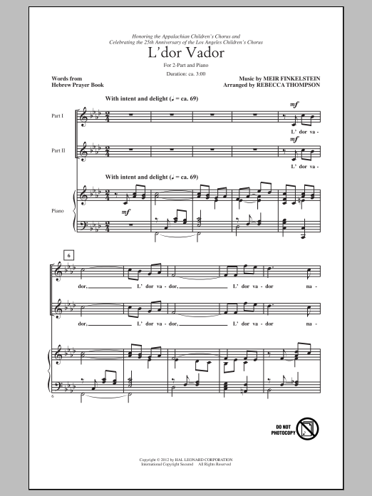 Rebecca Thompson L'Dor Vador sheet music notes and chords arranged for 2-Part Choir