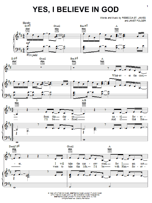 Rebecca St. James Yes, I Believe In God sheet music notes and chords. Download Printable PDF.