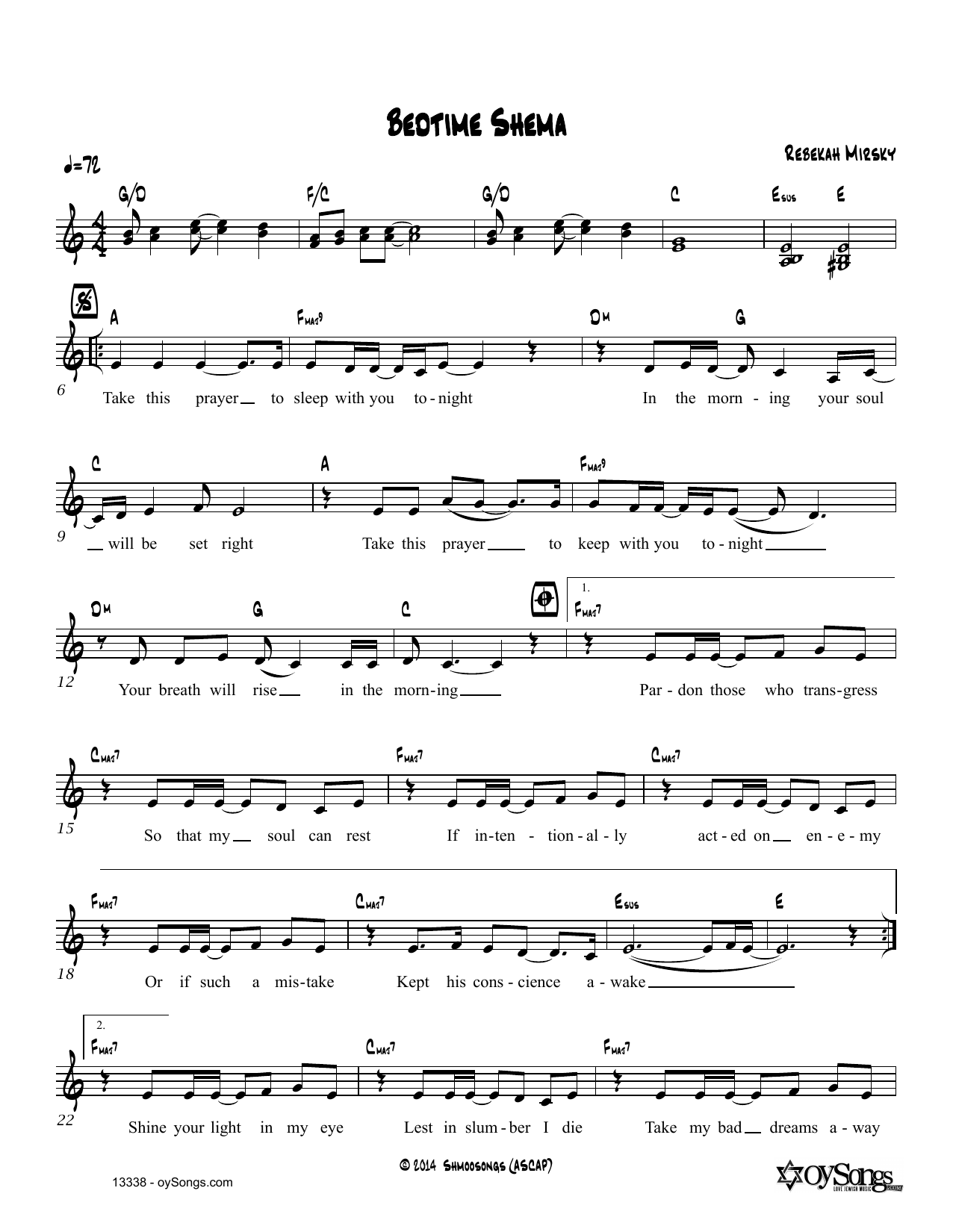 Rebekah Mirsky Bedtime Shema sheet music notes and chords arranged for Lead Sheet / Fake Book