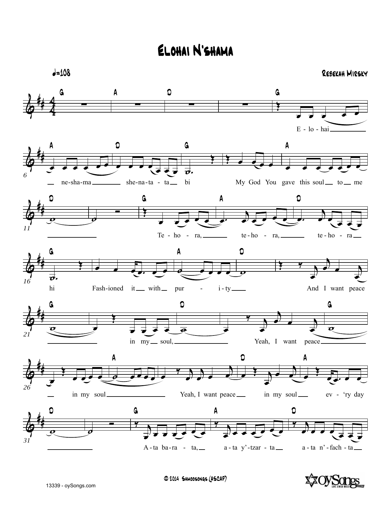 Rebekah Mirsky Elohai N'shama sheet music notes and chords arranged for Lead Sheet / Fake Book