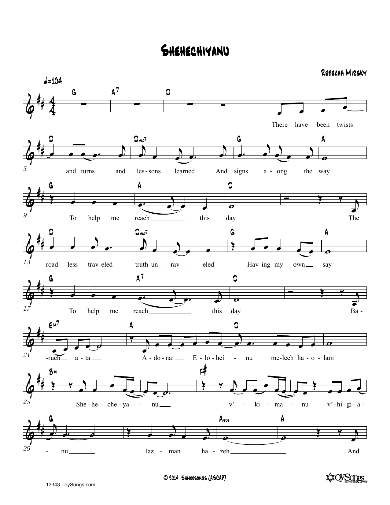 Rebekah Mirsky Shehechiyanu sheet music notes and chords arranged for Lead Sheet / Fake Book