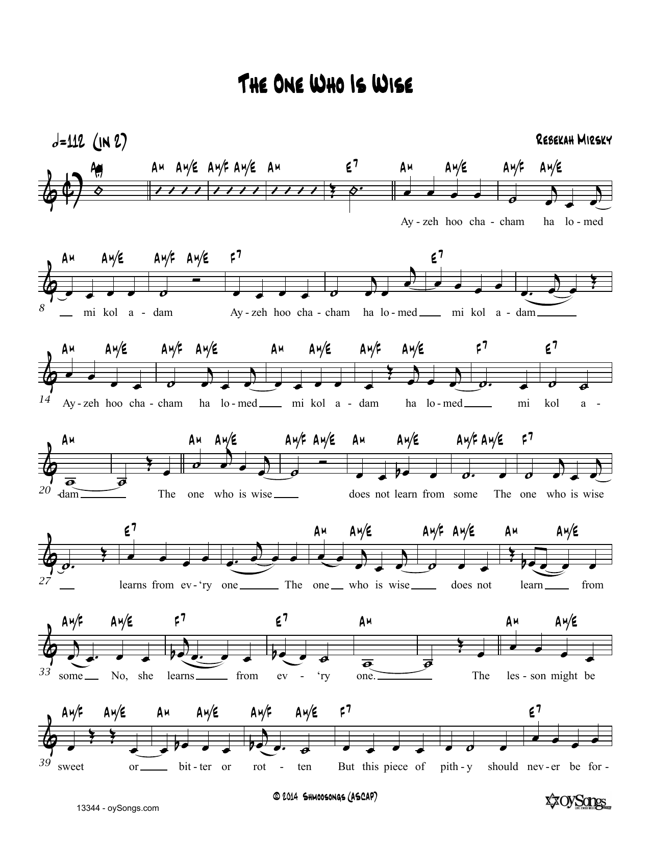 Rebekah Mirsky The One Who Is Wise sheet music notes and chords arranged for Lead Sheet / Fake Book