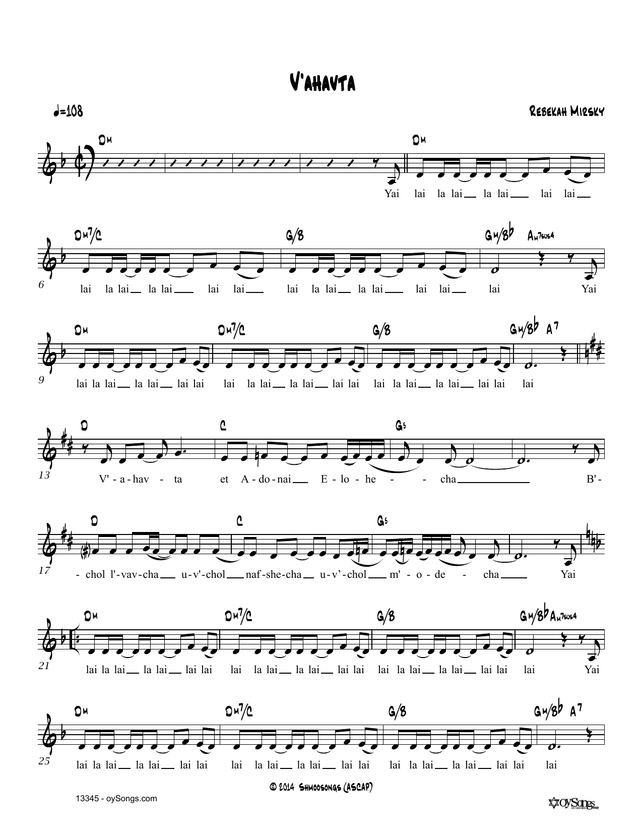 Rebekah Mirsky V'ahavta sheet music notes and chords arranged for Lead Sheet / Fake Book