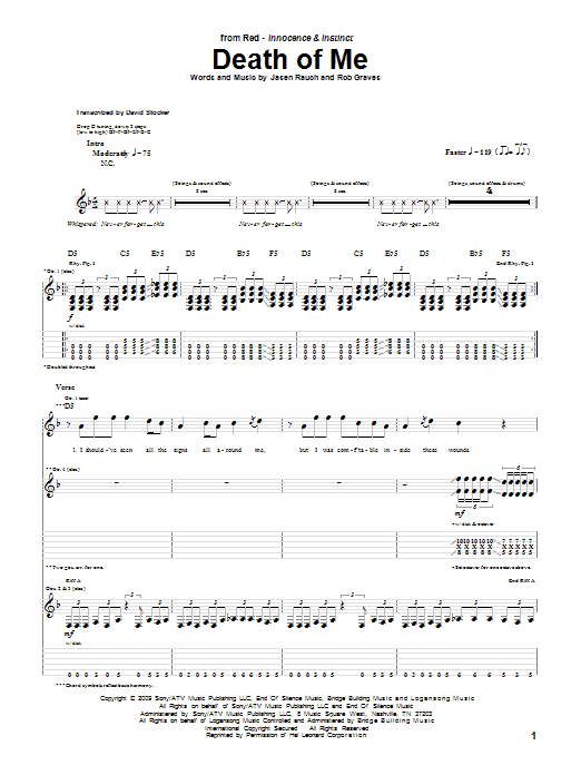 RED Death Of Me sheet music notes and chords arranged for Guitar Tab
