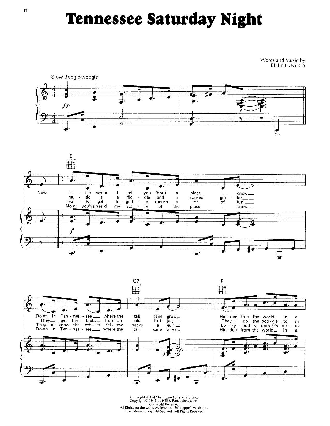 Red Foley Tennessee Saturday Night sheet music notes and chords arranged for Piano, Vocal & Guitar Chords (Right-Hand Melody)