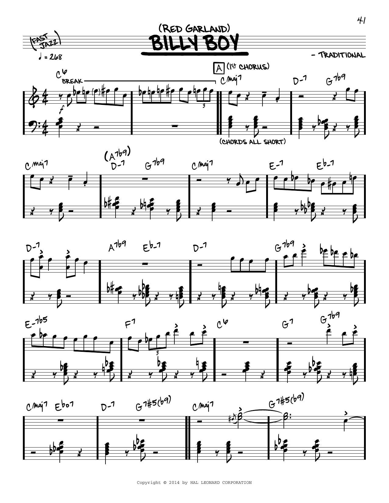 Red Garland Billy Boy (solo only) sheet music notes and chords arranged for Real Book – Melody & Chords