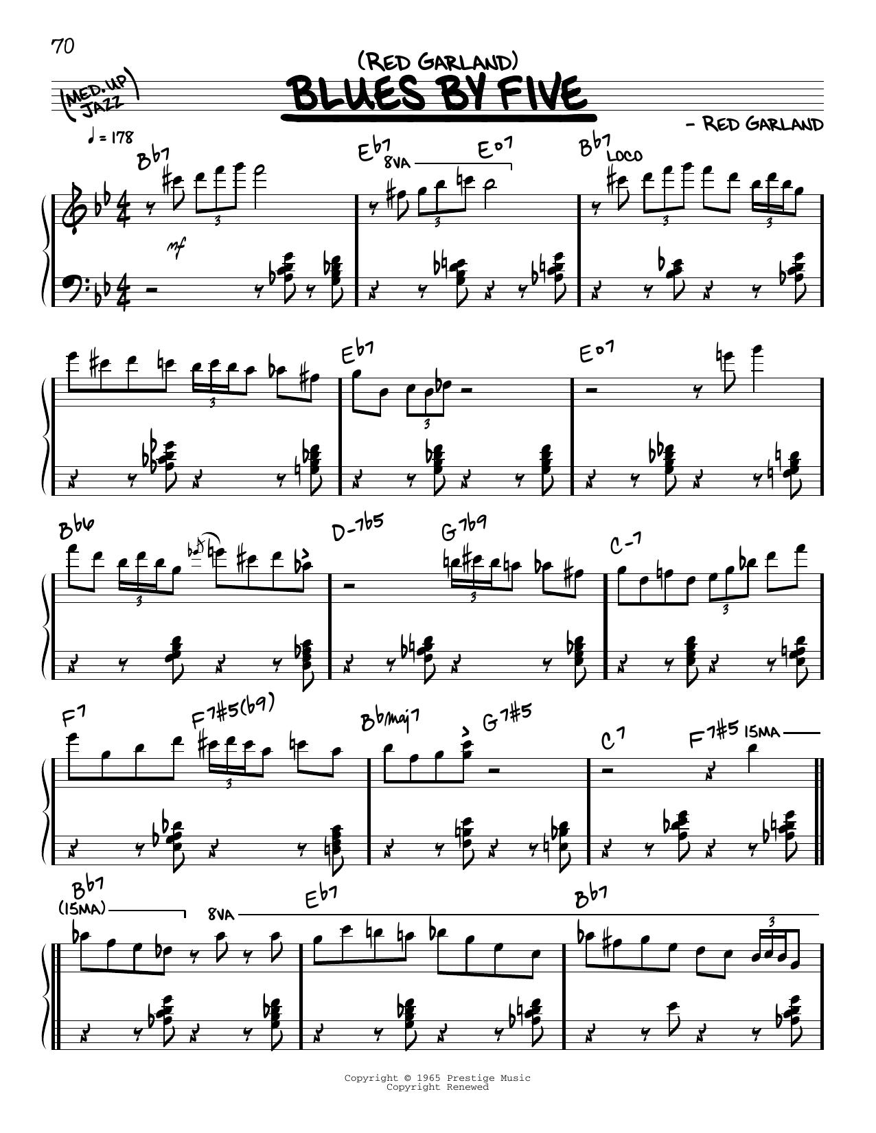 Red Garland Blues By Five (solo only) sheet music notes and chords arranged for Real Book – Melody & Chords