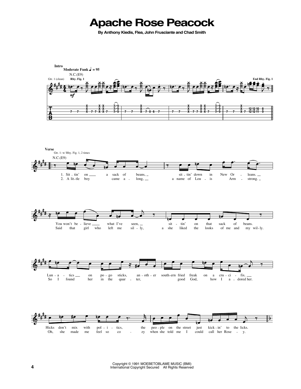 Red Hot Chili Peppers Apache Rose Peacock sheet music notes and chords arranged for Bass Guitar Tab