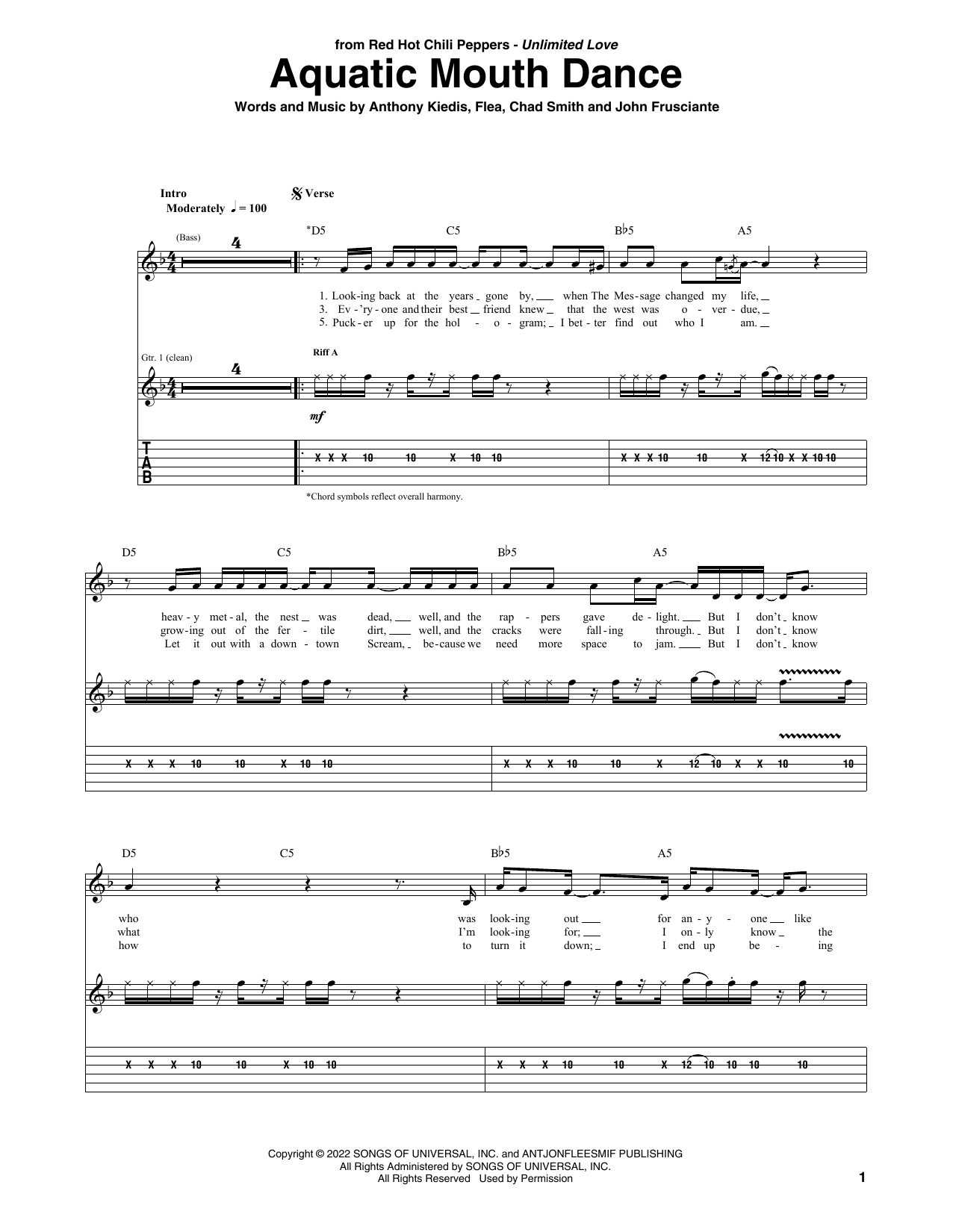 Red Hot Chili Peppers Aquatic Mouth Dance sheet music notes and chords arranged for Guitar Tab