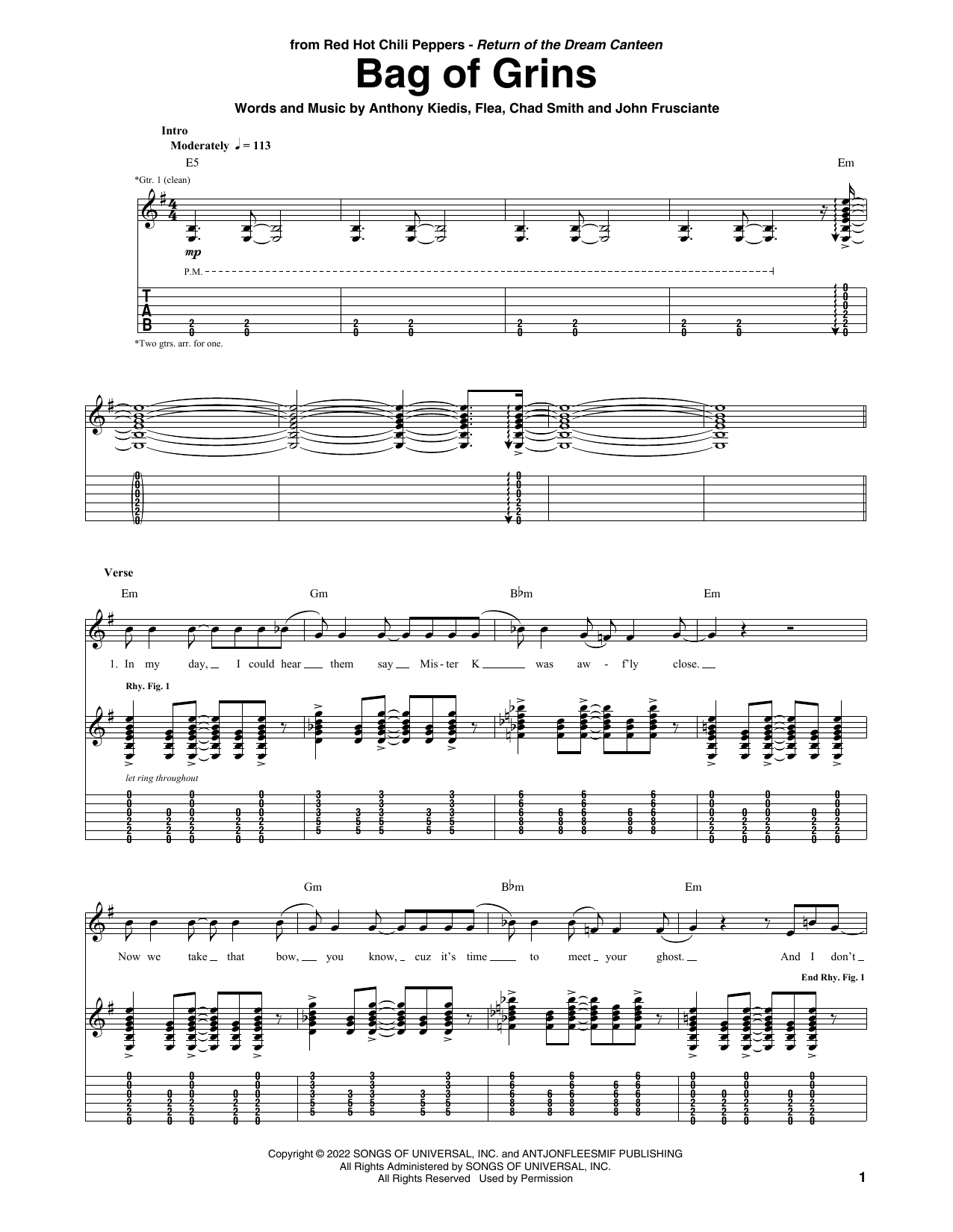 Red Hot Chili Peppers Bag Of Grins sheet music notes and chords arranged for Guitar Tab