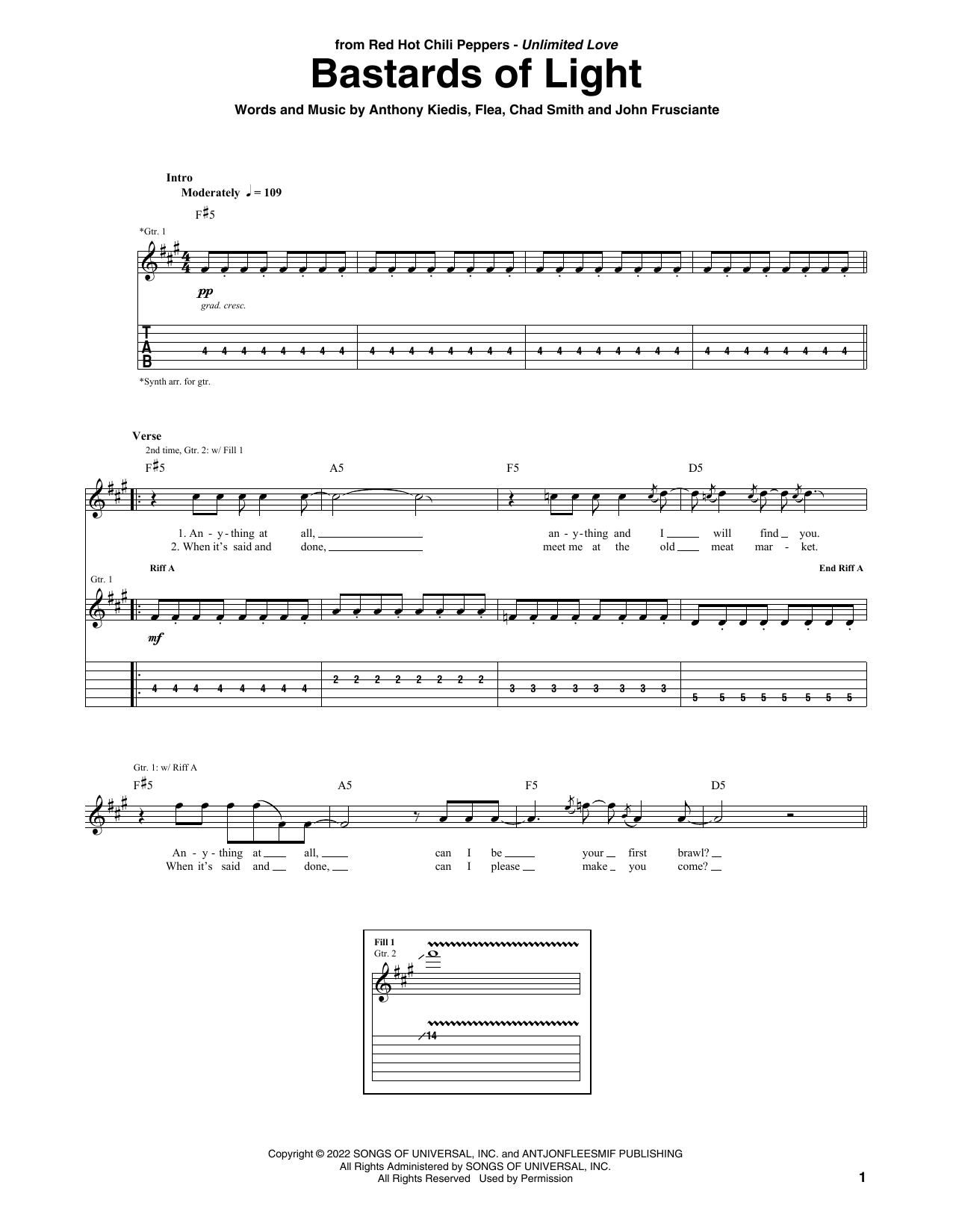 Red Hot Chili Peppers Bastards Of Light sheet music notes and chords arranged for Bass Guitar Tab