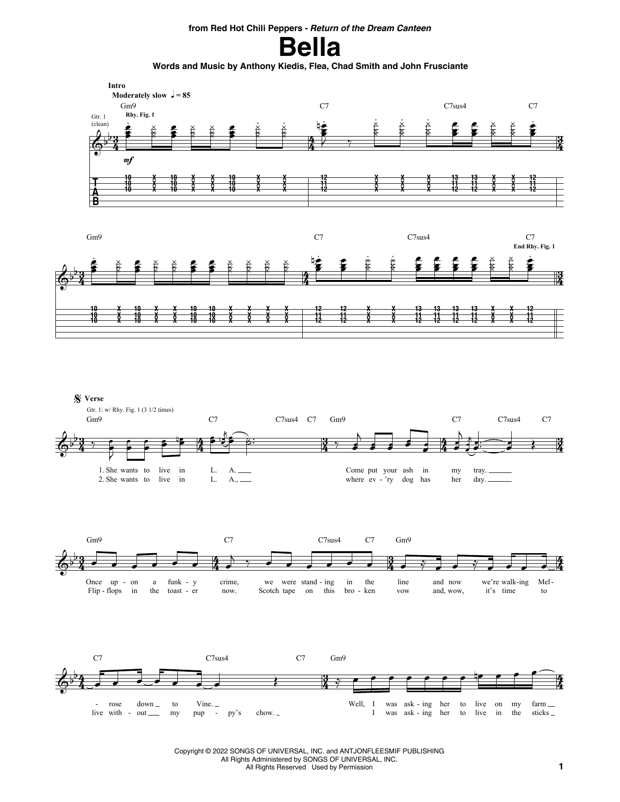 Red Hot Chili Peppers Bella sheet music notes and chords arranged for Guitar Tab