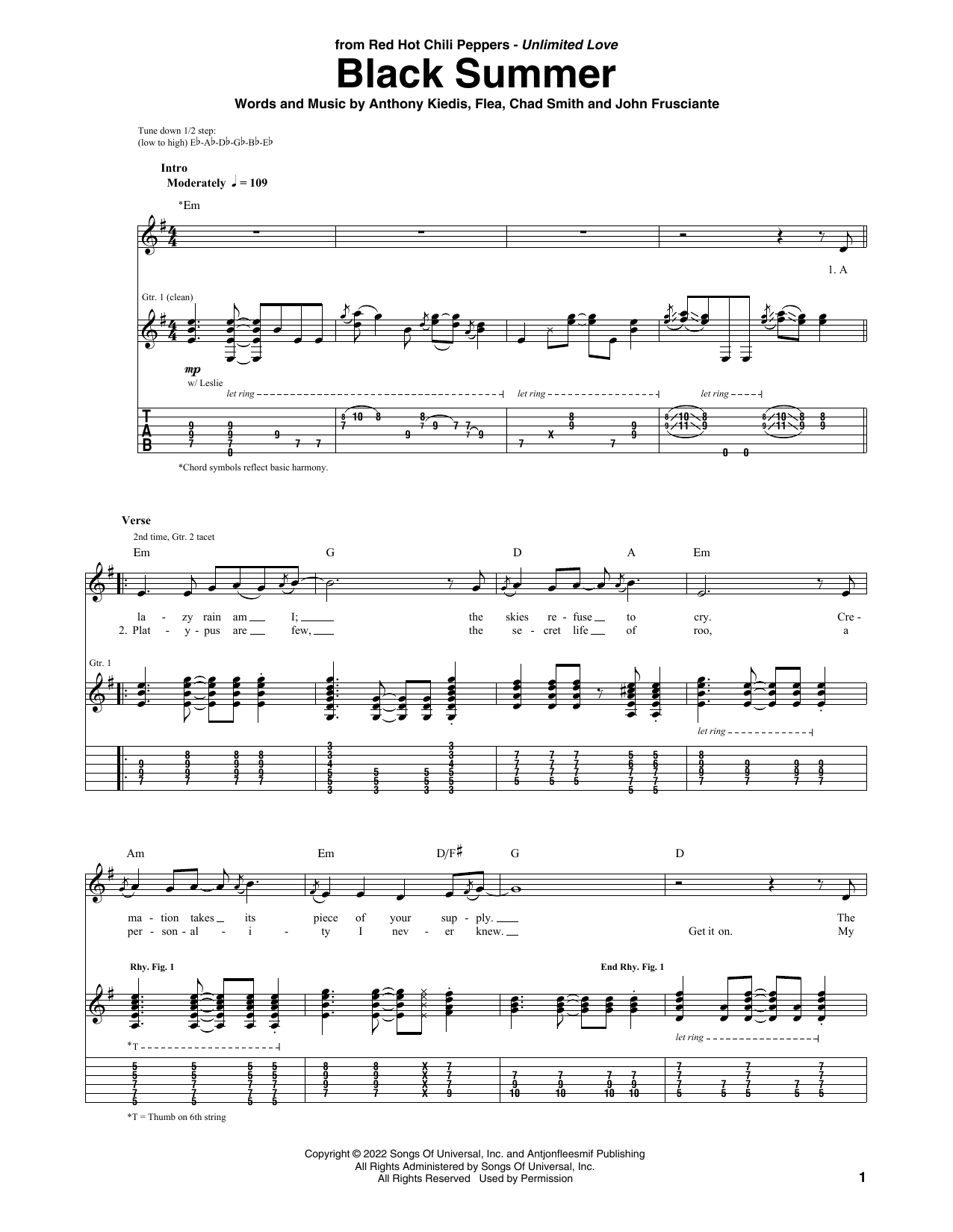 Red Hot Chili Peppers Black Summer sheet music notes and chords arranged for Bass Guitar Tab