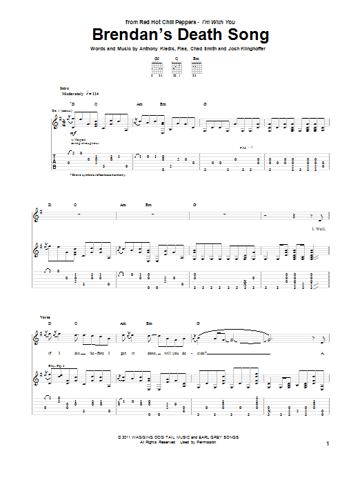 Red Hot Chili Peppers Brendan's Death Song sheet music notes and chords arranged for Piano, Vocal & Guitar Chords