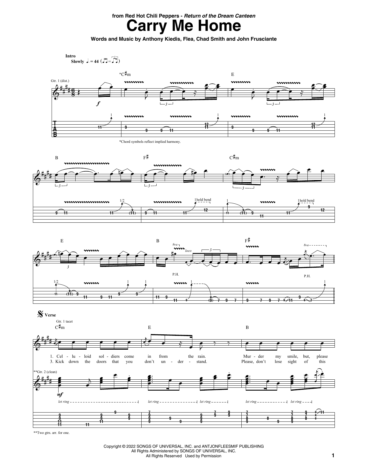 Red Hot Chili Peppers Carry Me Home sheet music notes and chords arranged for Guitar Tab
