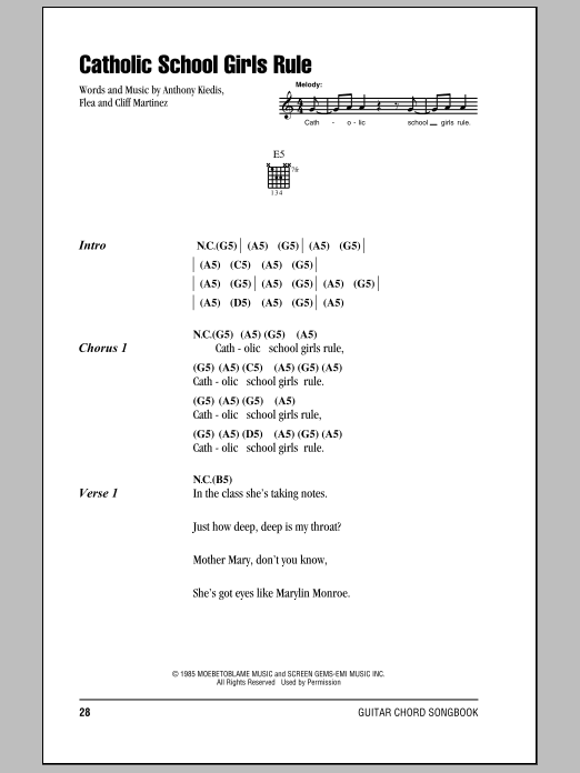 Red Hot Chili Peppers Catholic School Girls Rule sheet music notes and chords arranged for Guitar Chords/Lyrics