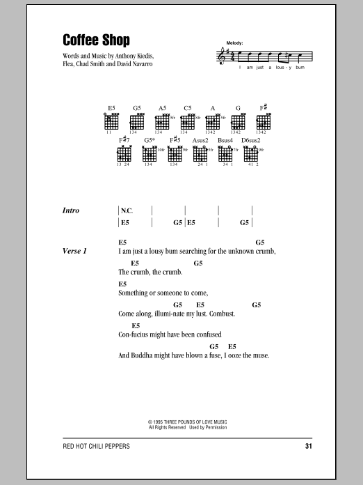 Red Hot Chili Peppers Coffee Shop sheet music notes and chords arranged for Guitar Tab