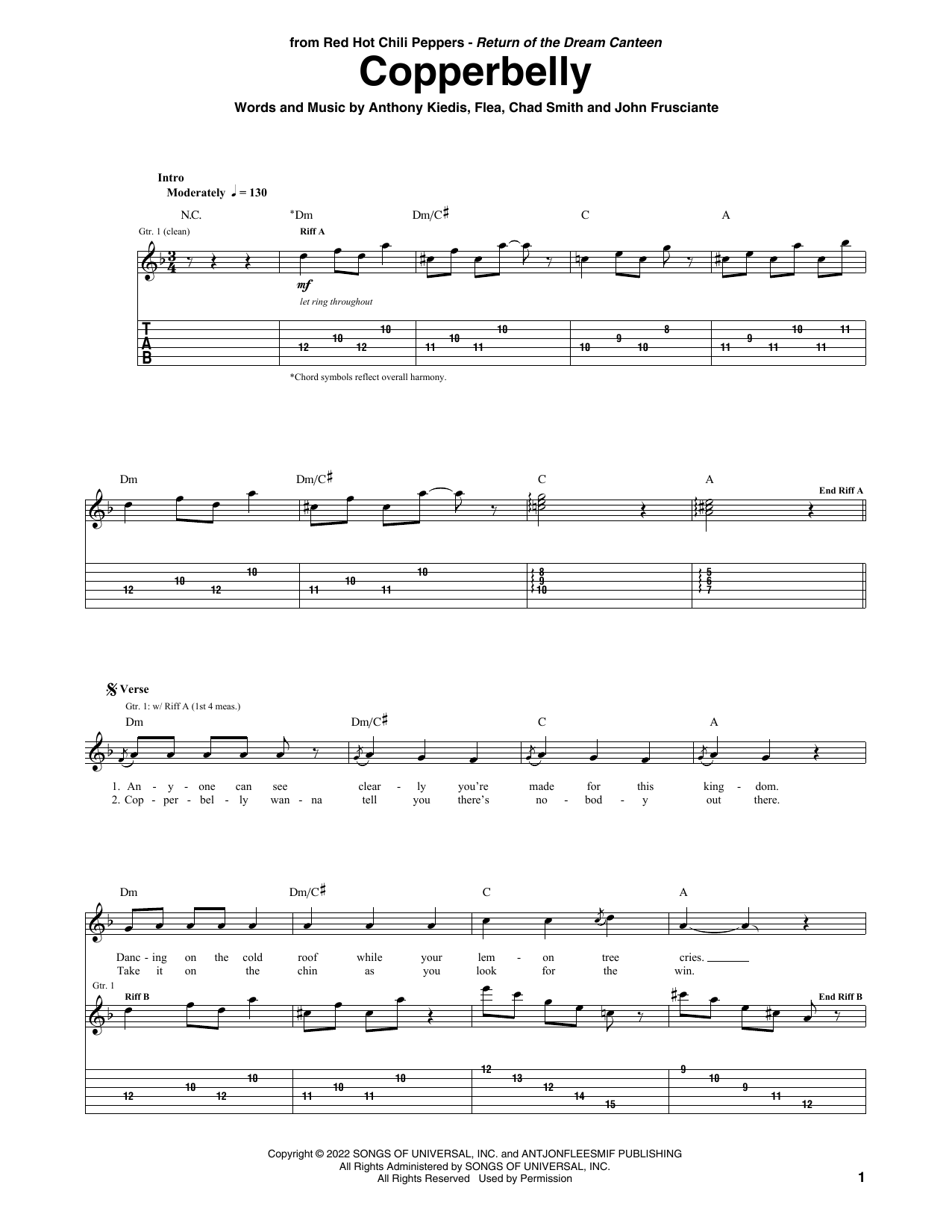 Red Hot Chili Peppers Copperbelly sheet music notes and chords arranged for Guitar Tab