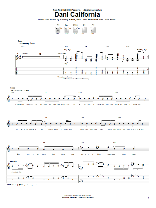 Red Hot Chili Peppers Dani California sheet music notes and chords arranged for Bass Guitar Tab