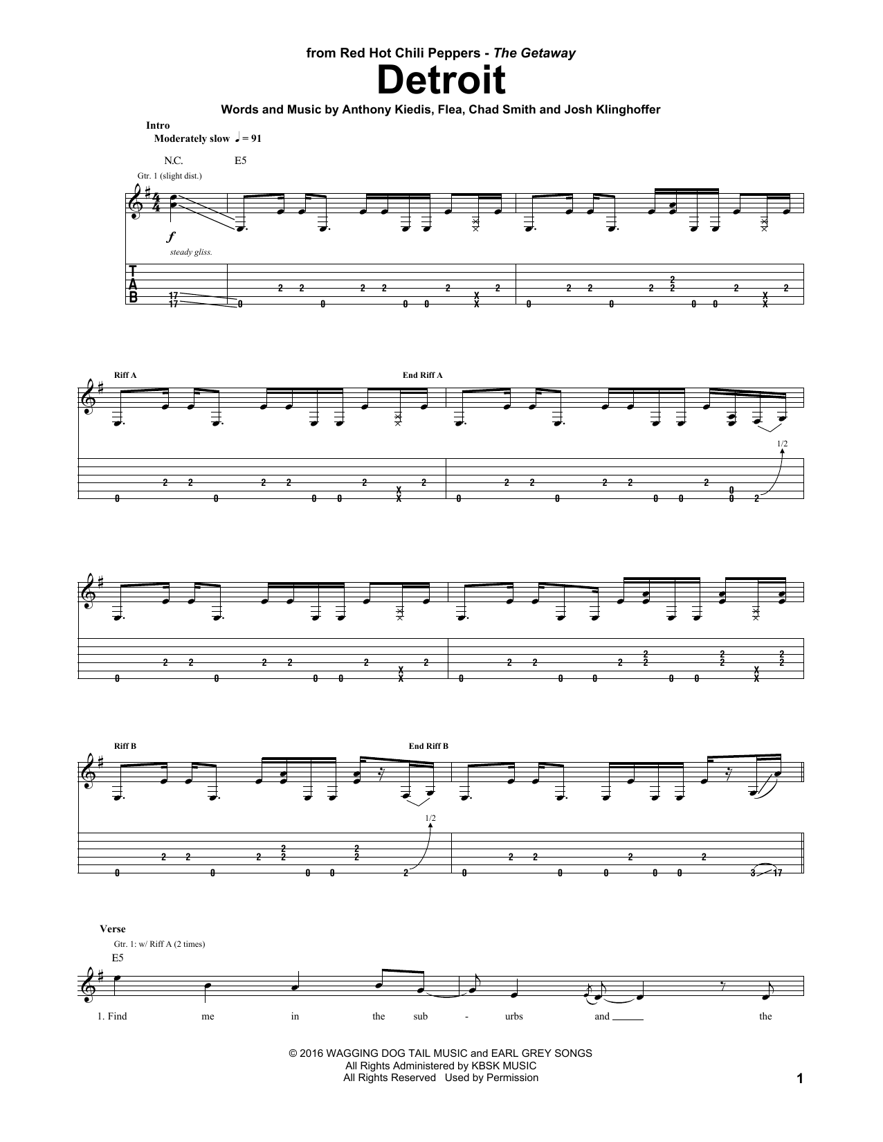 Red Hot Chili Peppers Detroit sheet music notes and chords arranged for Guitar Tab