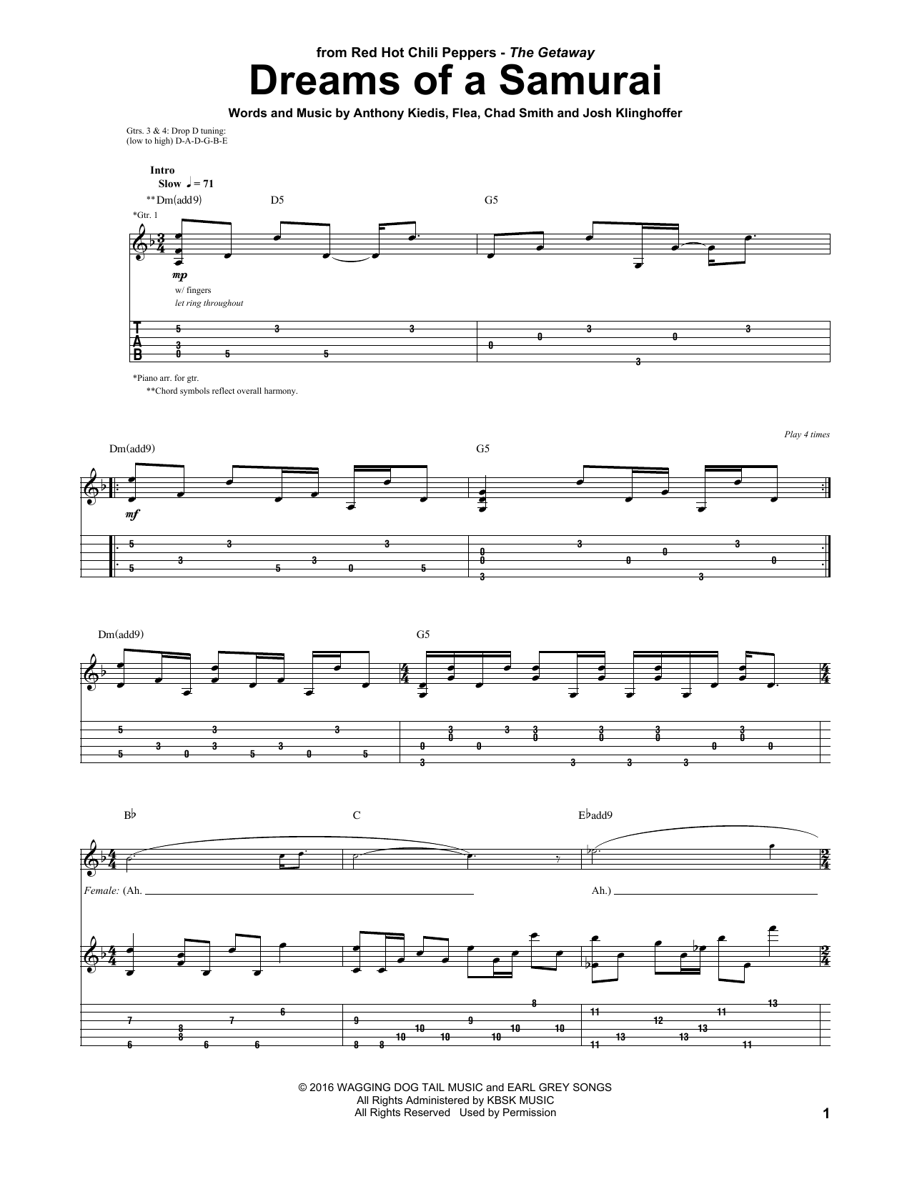 Red Hot Chili Peppers Dreams Of A Samurai sheet music notes and chords arranged for Guitar Tab