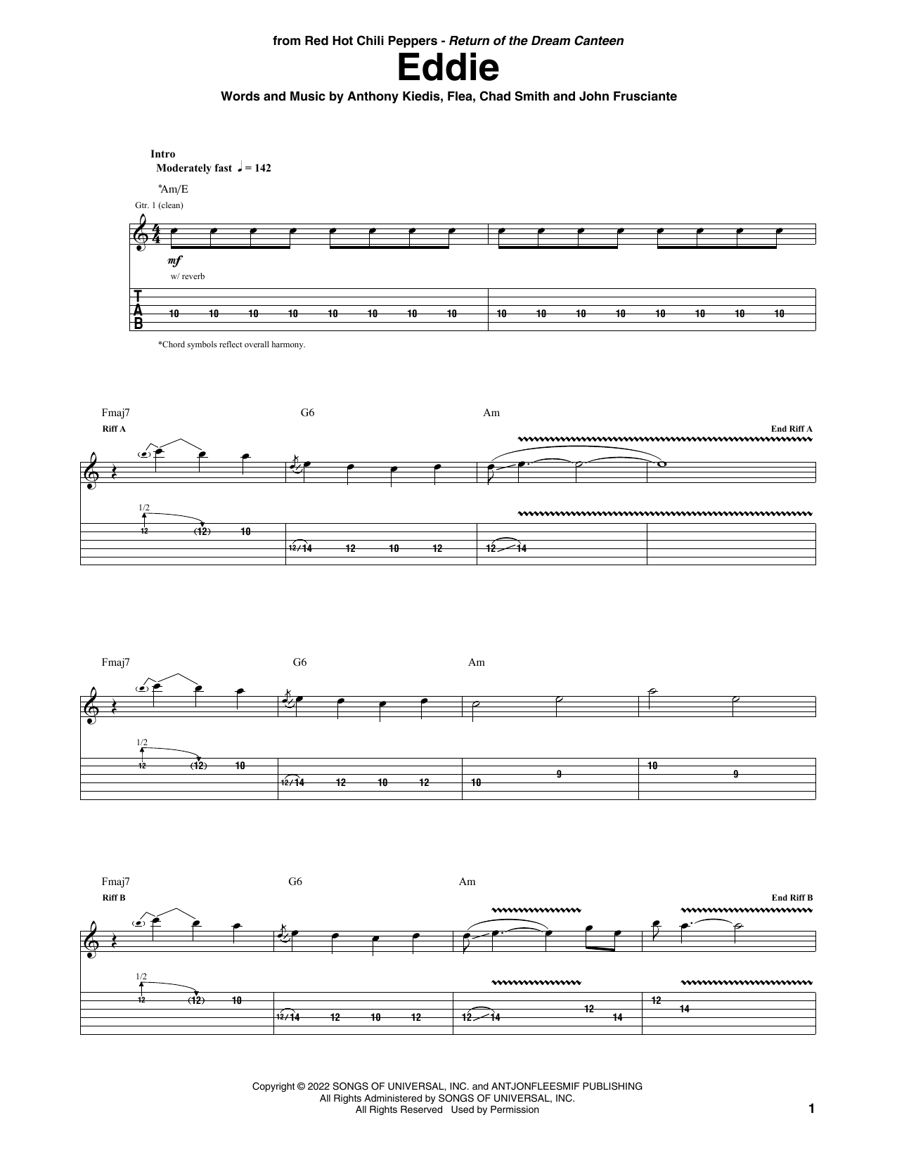 Red Hot Chili Peppers Eddie sheet music notes and chords arranged for Guitar Tab
