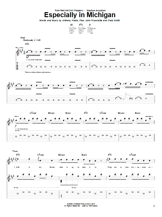 Red Hot Chili Peppers Especially In Michigan sheet music notes and chords arranged for Guitar Tab