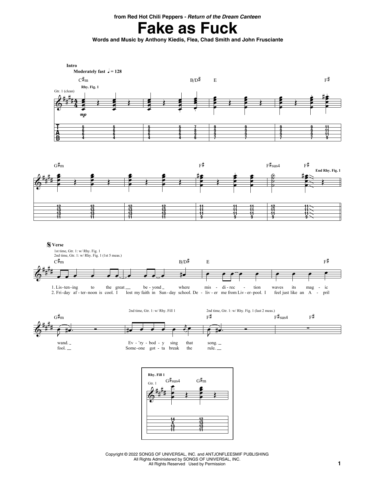Red Hot Chili Peppers Fake As Fuck sheet music notes and chords arranged for Guitar Tab