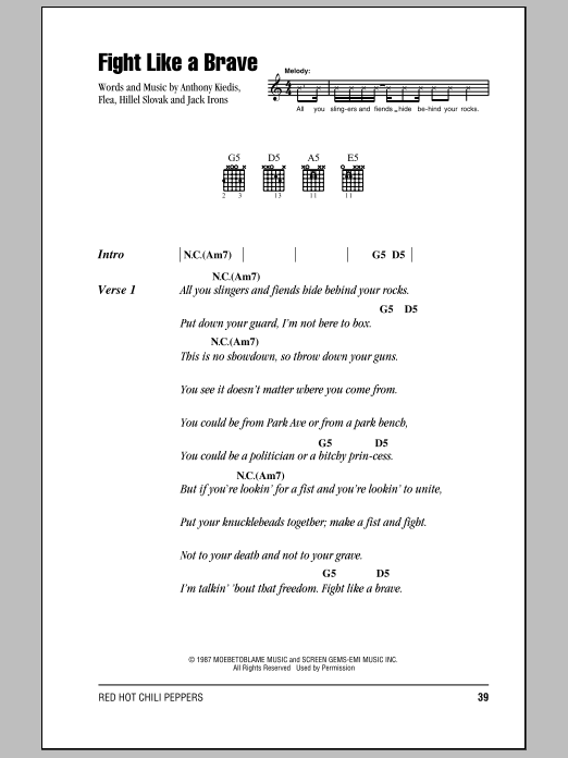 Red Hot Chili Peppers Fight Like A Brave sheet music notes and chords arranged for Guitar Chords/Lyrics