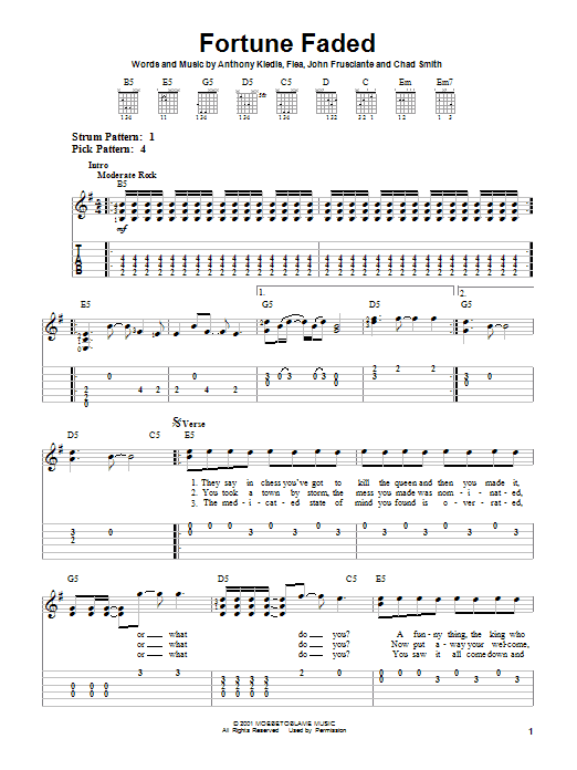 Red Hot Chili Peppers Fortune Faded sheet music notes and chords arranged for Easy Guitar Tab