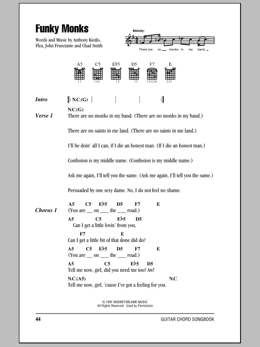 Red Hot Chili Peppers Funky Monks sheet music notes and chords arranged for Guitar Tab