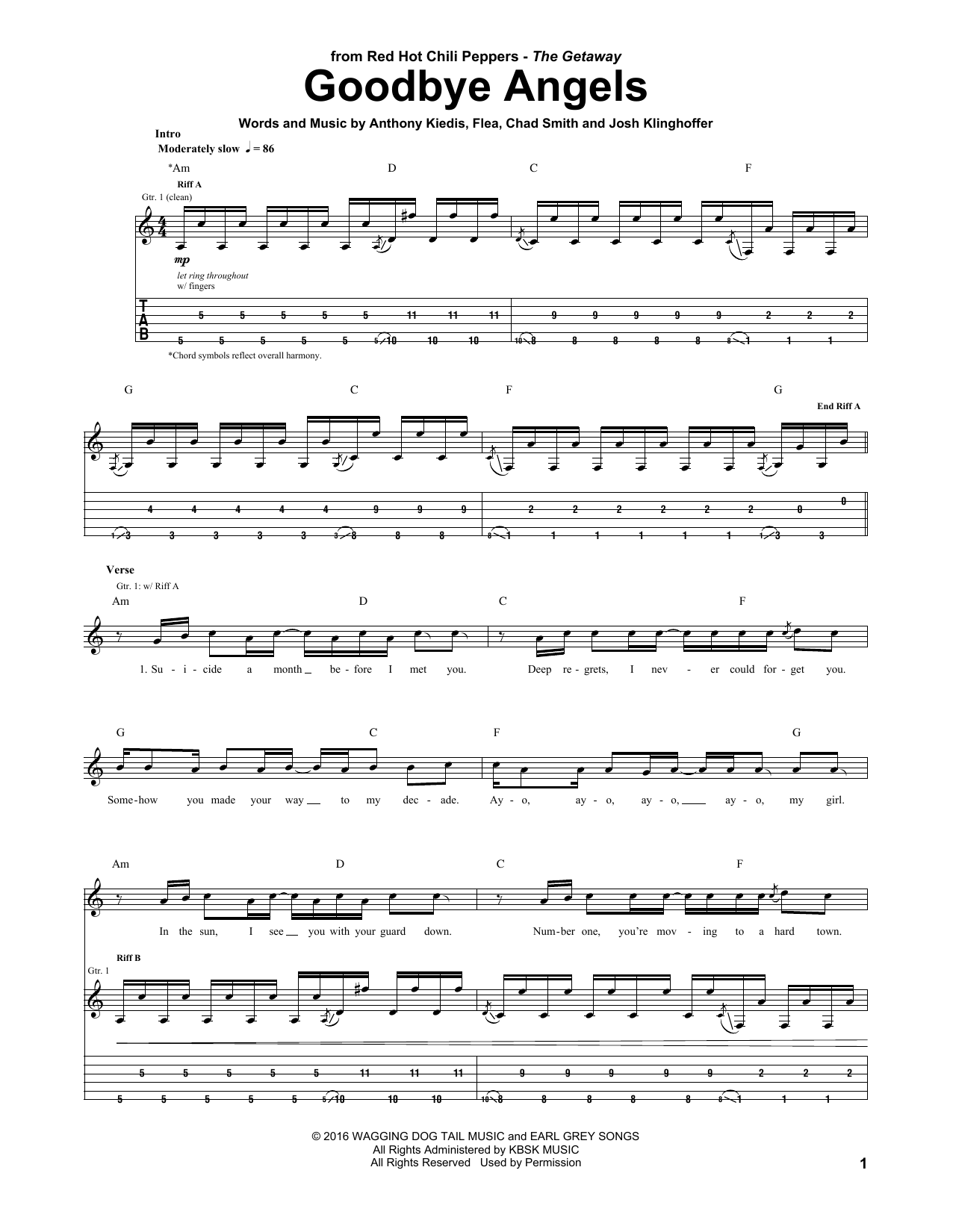 Red Hot Chili Peppers Goodbye Angels sheet music notes and chords arranged for Guitar Tab