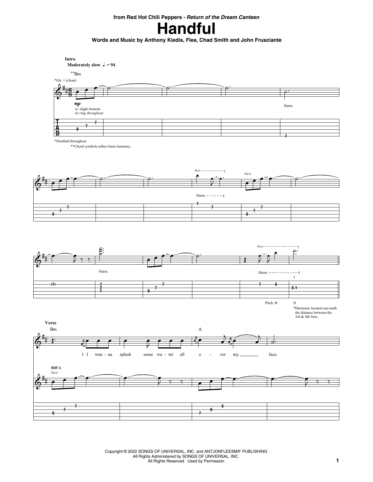 Red Hot Chili Peppers Handful sheet music notes and chords arranged for Guitar Tab
