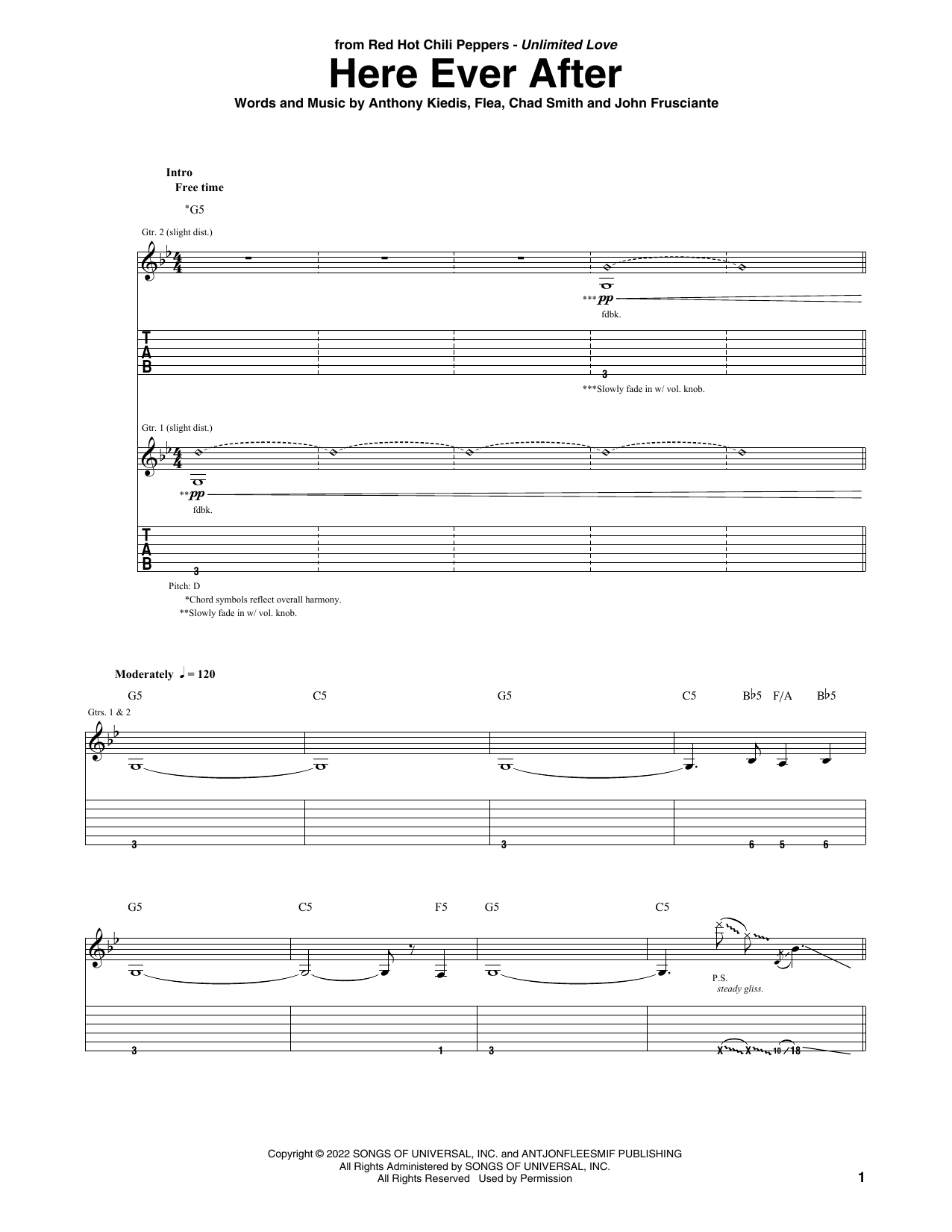 Red Hot Chili Peppers Here Ever After sheet music notes and chords arranged for Guitar Tab