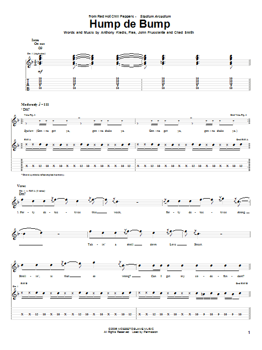 Red Hot Chili Peppers Hump De Bump sheet music notes and chords arranged for Bass Guitar Tab