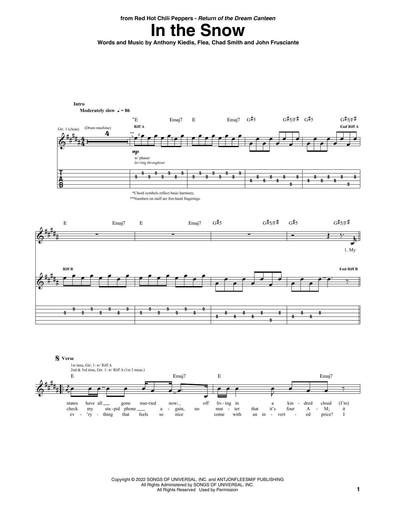 Red Hot Chili Peppers In The Snow sheet music notes and chords arranged for Guitar Tab