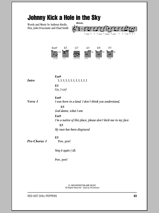 Red Hot Chili Peppers Johnny Kick A Hole In The Sky sheet music notes and chords arranged for Guitar Chords/Lyrics