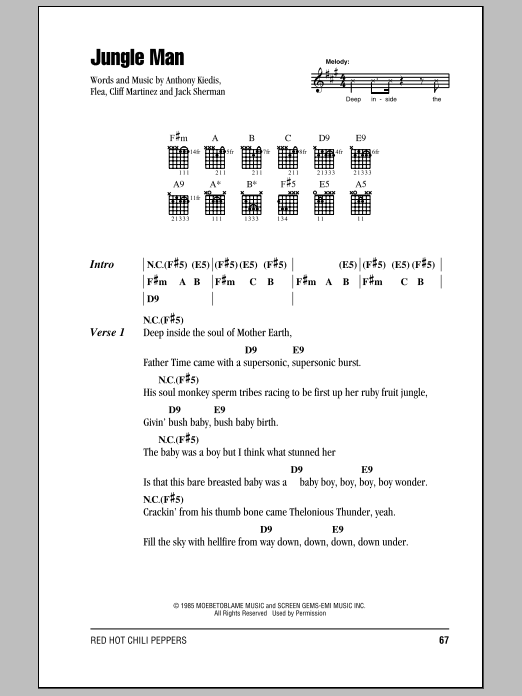 Red Hot Chili Peppers Jungle Man sheet music notes and chords arranged for Guitar Chords/Lyrics