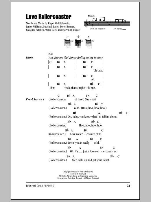 Red Hot Chili Peppers Love Rollercoaster sheet music notes and chords arranged for Guitar Chords/Lyrics