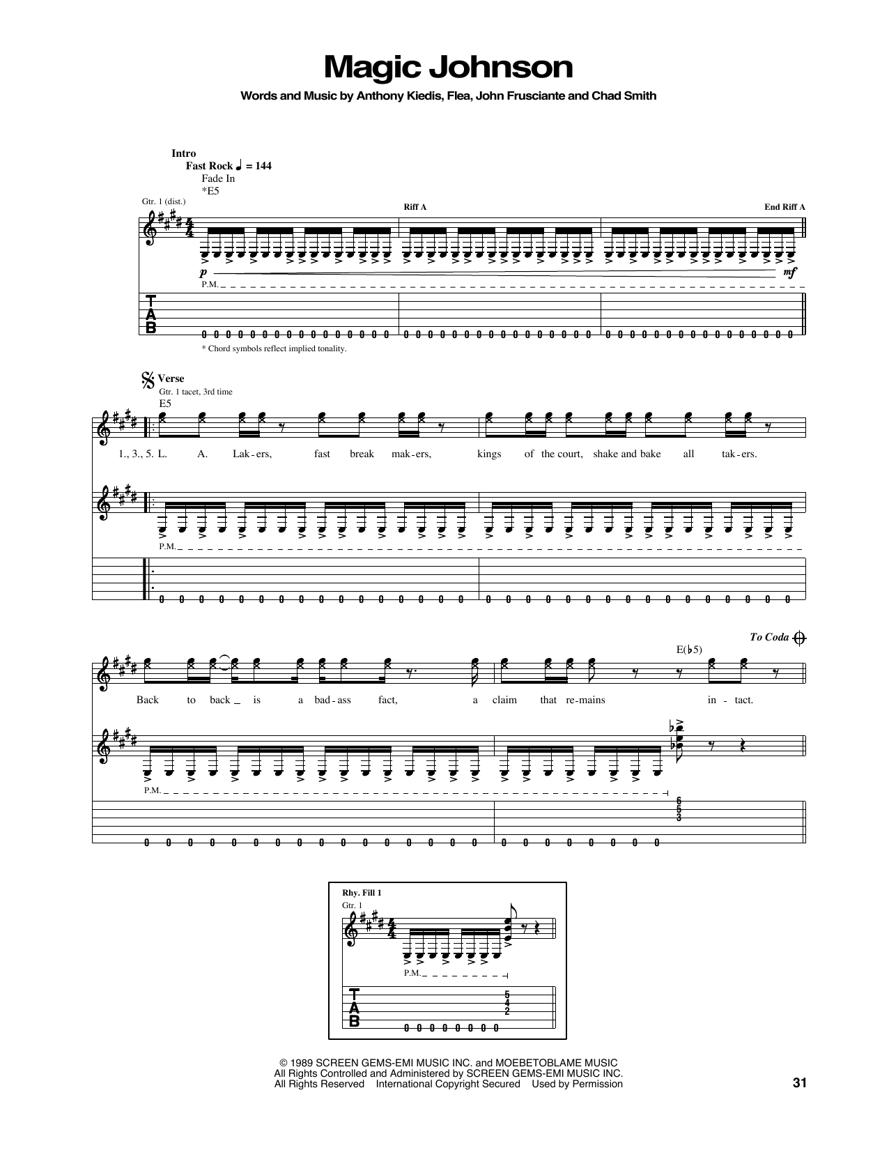 Red Hot Chili Peppers Magic Johnson sheet music notes and chords arranged for Guitar Tab