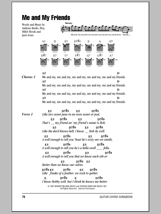 Red Hot Chili Peppers Me And My Friends sheet music notes and chords arranged for Guitar Chords/Lyrics