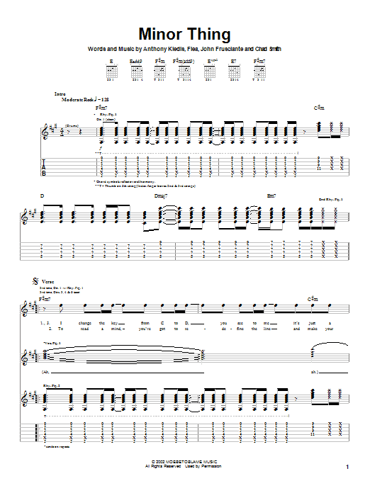 Red Hot Chili Peppers Minor Thing sheet music notes and chords arranged for Bass Guitar Tab