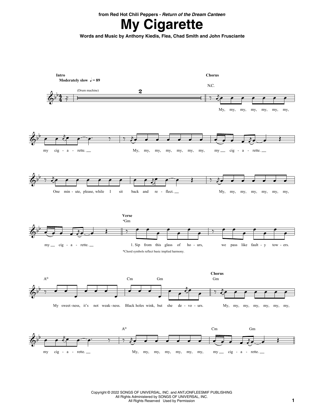 Red Hot Chili Peppers My Cigarette sheet music notes and chords arranged for Guitar Tab