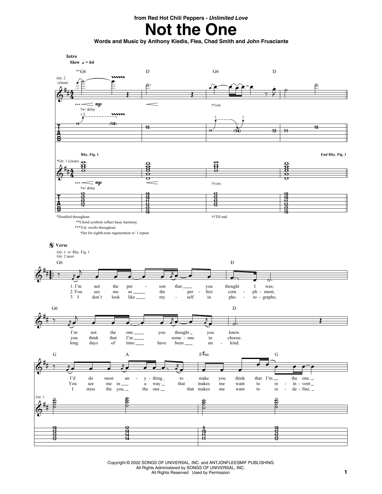 Red Hot Chili Peppers Not The One sheet music notes and chords arranged for Bass Guitar Tab