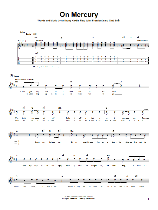Red Hot Chili Peppers On Mercury sheet music notes and chords arranged for Guitar Tab